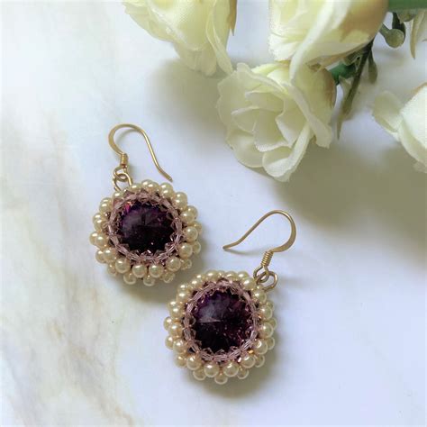 Purple Earrings, Purple Dangle Earrings, Swarovski Crystal Earrings, Dangle Pearl Earrings ...