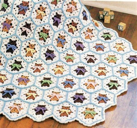 Vintage Crochet Pattern Hexagon Teddy Bear Afghan Blanket Crochet