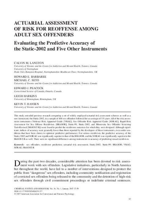 Pdf Actuarial Assessment Of Risk For Reoffense Among Adult Sex