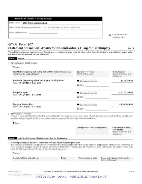 Elite Transportation LLC Free Bankruptcy Petition Chapter 11 Filing