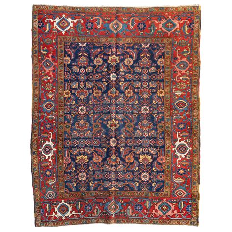 Antique Persian Red Navy Blue And Gold Geometric Heriz Rug Circa 1920s