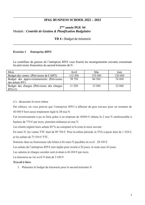 Enonce TD4 Budget tr Ãsorerie 22 23 IPAG BUSINESS SCHOOL 2022 2023