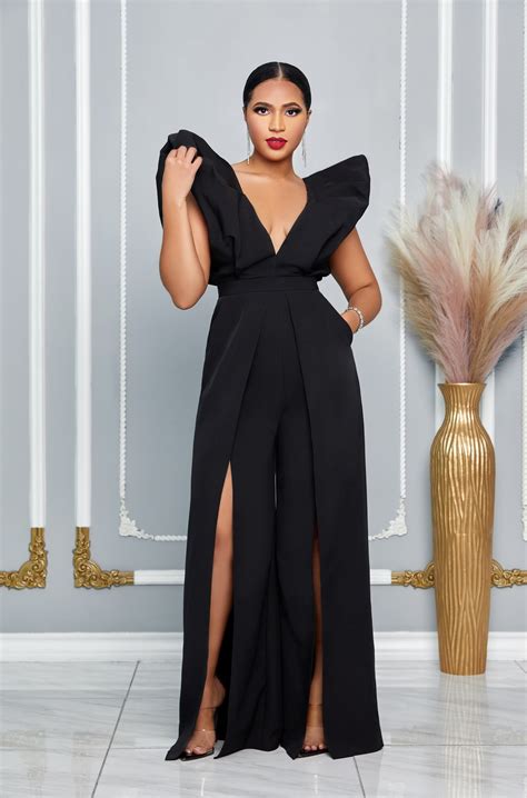 V Neckline Puff Shoulder Slit Leg Jumpsuit Black Dress Code Chic Official