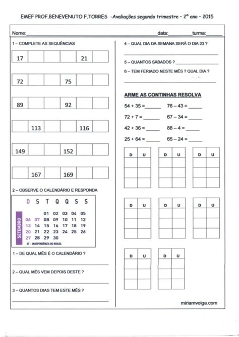 Arquivo Para Avaliação De Matemática 2º Ano · Alfabetização Blog