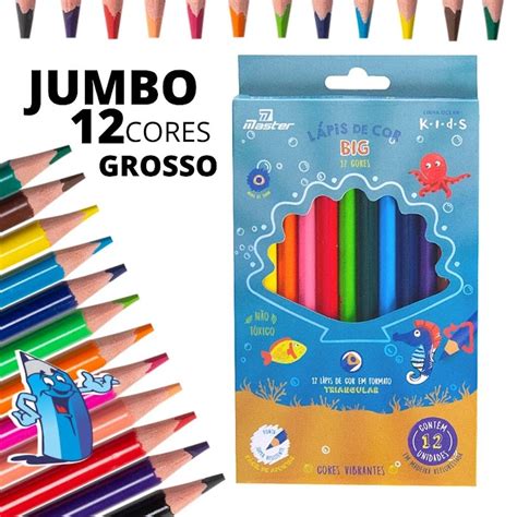 LAPIS DE COR JUMBO 12 CORES BIG GROSSO TRIANGULAR MASTER Escorrega O