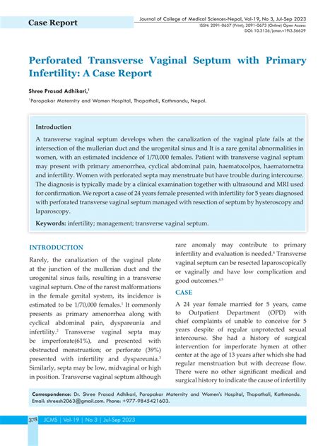 Pdf Perforated Transverse Vaginal Septum With Primary Infertility A