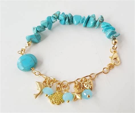 Turquoise Beads Bracelet, Gold Turquoise Bracelet, Natural Stones ...