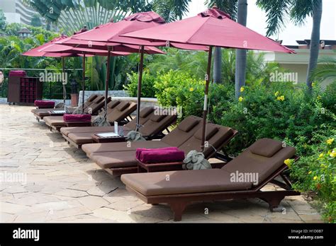 Luxury Sun Loungers Towels And Umbrellas Stock Photo Alamy