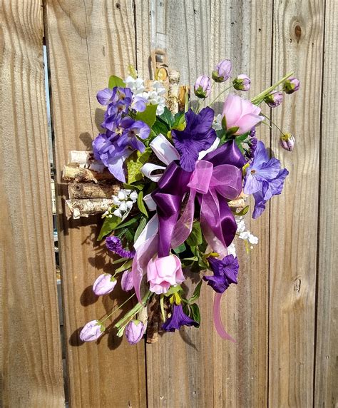 Cross With Purple Spring Flowers. Rustic Birch Cross. Sympathy - Etsy