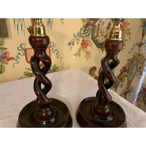 English Victorian Oak Brass Open Barley Twist Candlesticks Pair