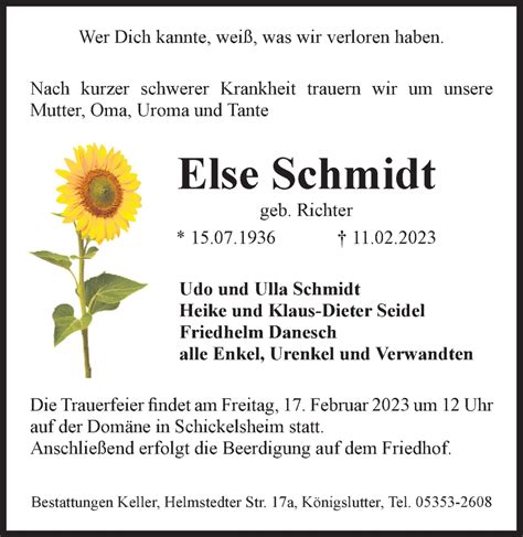 Traueranzeigen Von Else Schmidt Trauer38 De