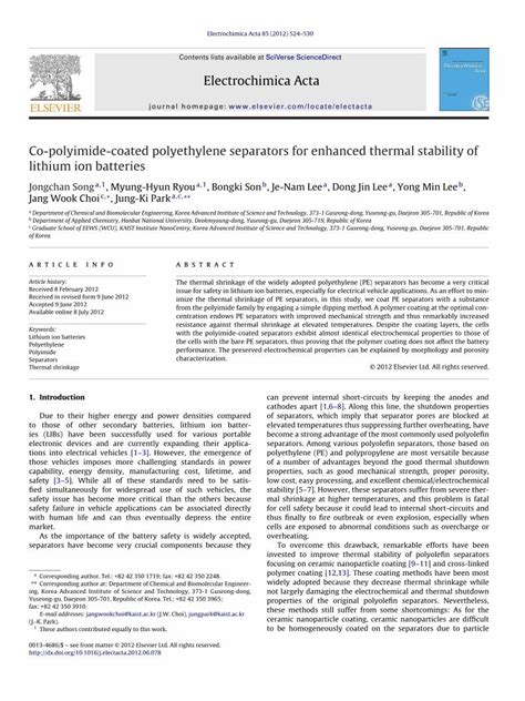 PDF Co Polyimide Coated Polyethylene Separators For Enhanced Thermal