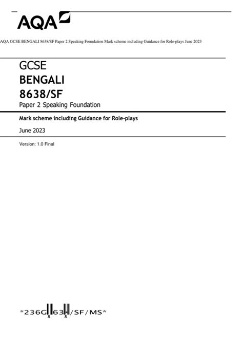 AQA GCSE BENGALI 8638 SF Paper 2 Speaking Foundation Mark Scheme