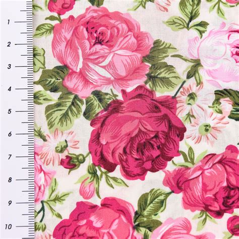 Baumwollstoff Rosen Beige Rosa Pink Gruen