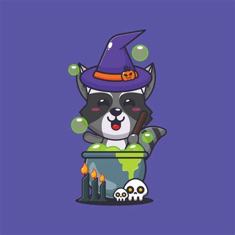 Witch Raccoon Making Potion In Halloween Day Cute Halloween Cartoon