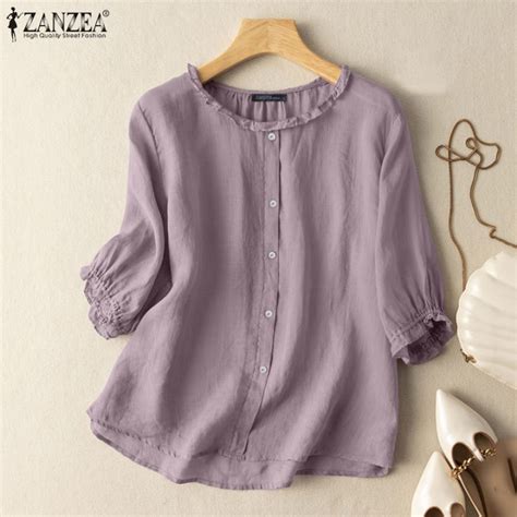 【3 Days Delivery】zanzea Womens 3 4 Sleeve O Neck Tops Solid Cotton