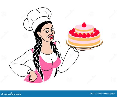 Woman Baker Smiling In Chef Hat With Cake Pastries And Sweet Food