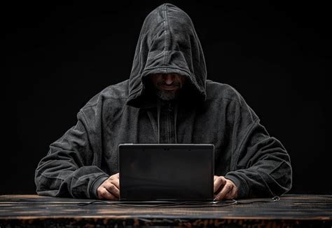 A Hacker In A Black Hoodie Sitting At A Table With A Laptop Computer