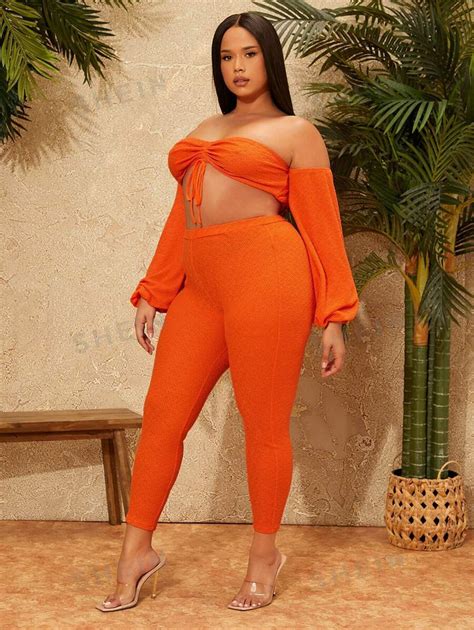 Shein Sxy Plus Neon Orange Off Shoulder Drawstring Ruched Crop Top