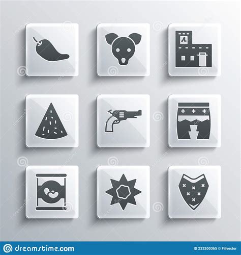 Set Sun Poncho Huehuetl Revolver Gun Beans In Can Nachos Hot Chili Pepper Pod And Mexican