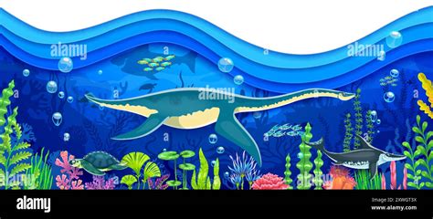 Prehistoric Underwater Dinosaurs Vector Banner With Sea Water Wave