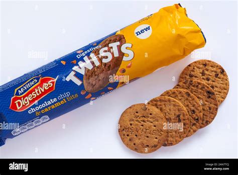 Packet Of Mcvities Digestives Twists Chocolate Chip And Caramel Bits Biscuits Opened To Show