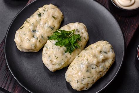 Traditional Lithuanian Dish Zeppelin Boiled Potato Dumplings Stuffed