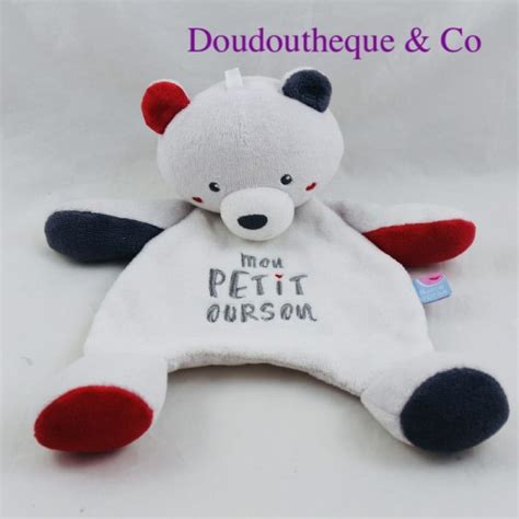 Doudou Plat Ours Sucre D Orge Mon Petit Ourson Bleu Rouge Cm S