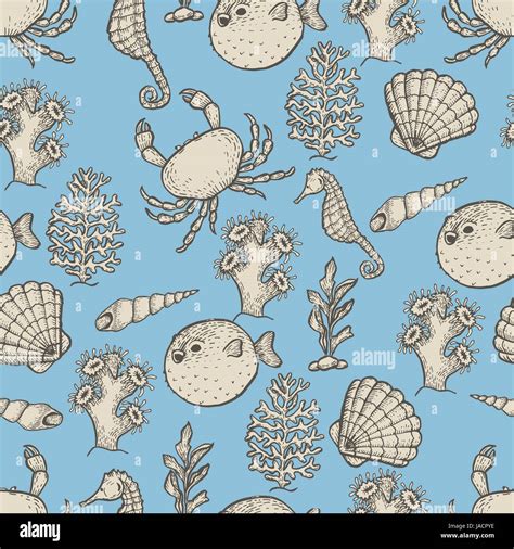 Hand Drawn Sea Life Illustration Sketch Seamless Pattern Stock Vector