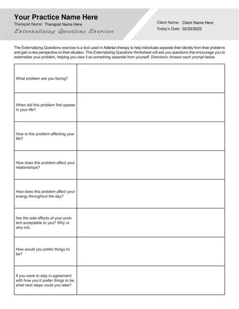 Adlerian Therapy Externalizing Questions Worksheet PDF