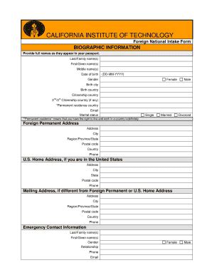 Fillable Online Pma Caltech Foreign Nationals Intake Form California