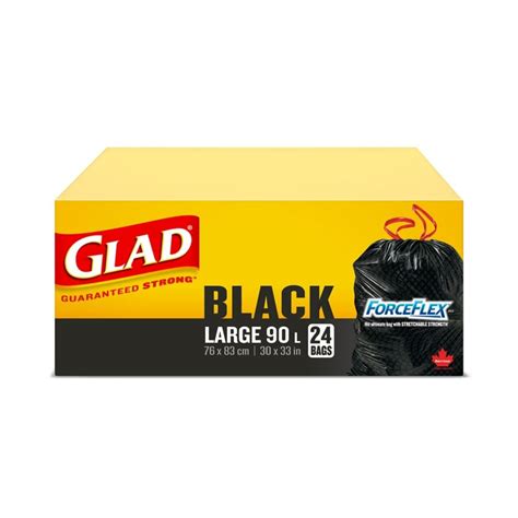 Glad Black Garbage Bags - Large 90 Litres - ForceFlex, Drawstring, 24 ...