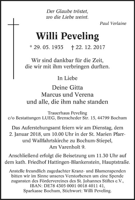 Traueranzeigen Von Willi Peveling Trauer In Nrw De