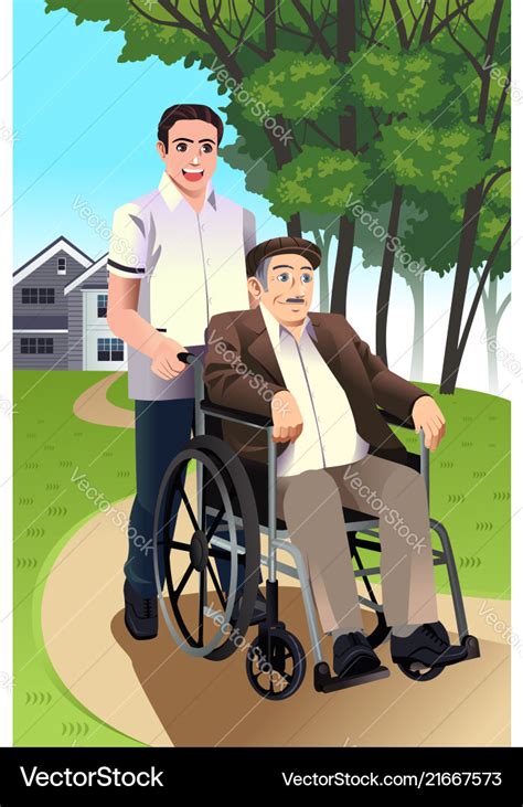 Man Pushing A Senior Man In A Wheelchair Vector Image