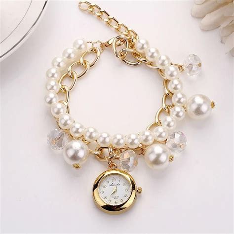 Womens Fashion Watchbracelet With Faux Pearls And Beads Bijuterias