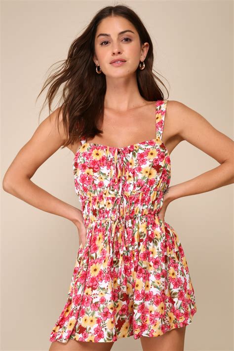 White Multi Floral Romper Sleeveless Romper Stretchy Romper Lulus