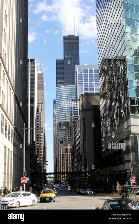 Looking Down Franklin St Towards The Willis Sears Tower In Chicago