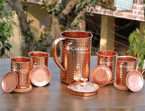 Copper Hammered Water Jug Pitcher With Hammered Glasses Set With Lid