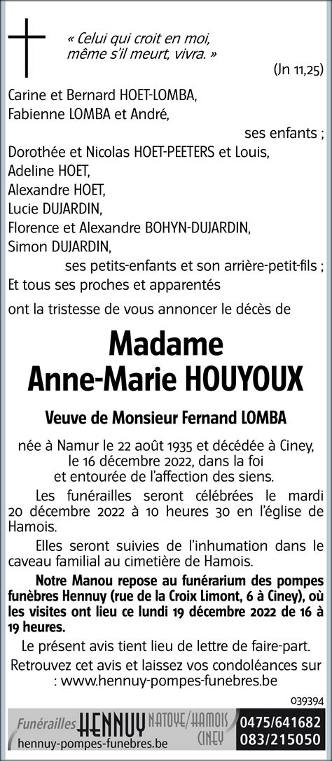 Anne Marie HOUYOUX 16 12 2022 Avis nécrologique lavenir net