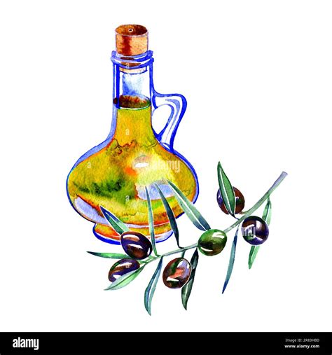 Olive Oil In A Beautiful Bottle For Serving Olives With Leaves Bright