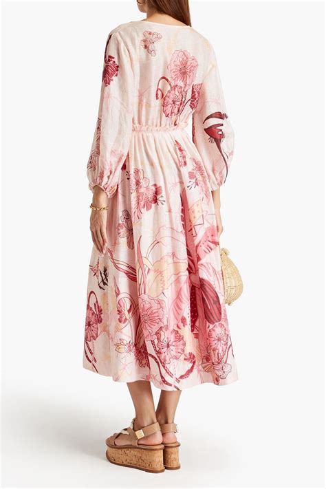 LEO LIN Pleated Floral Print Linen And Silk Blend Midi Dress THE OUTNET