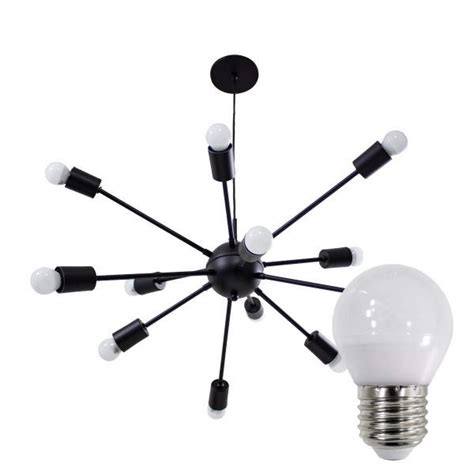 Pendente Sputnik Atom 70cm Preto 12 Lâmpada LED Bolinha G45 2700K