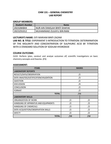 Lab Report Experiment 3 CHM 131 GENERAL CHEMISTRY LAB REPORT GROUP