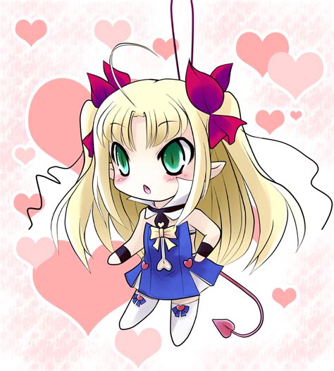 The Big Imageboard Tbib O Ahoge Astarotte Ygvar Blonde Hair Bow Chibi Demon Tail Fang Green