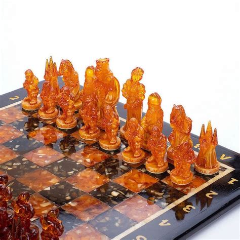 Large Amber Chess Set Made Of Oak Wood With Figures Medieval