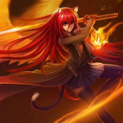 Download Katana Sword Weapon Thigh Highs Red Hair Long Hair Red Eyes