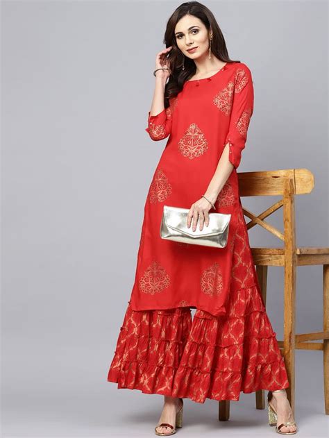 Buy Ishin Women Red Printed Kurta With Sharara Kurta Sets For Women