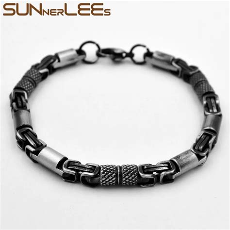 SUNNERLEES 316L 스테인레스 스틸 팔찌 6mm 기하학적 비잔틴 링크 체인 레트로 블랙 컬러 남성 여성 쥬얼리 선물