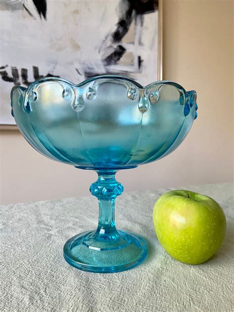 Vintage Indiana Blue Glass Pedestal Fruit Bowl Etsy