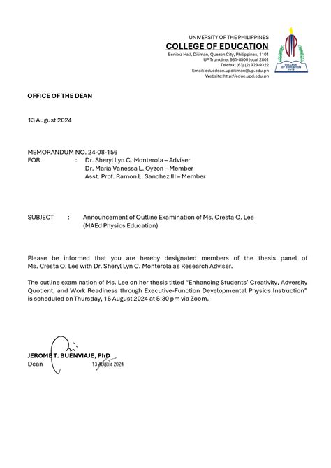 Announcement of Outline Examination of Ms. Cresta O. Lee (MAEd Physics